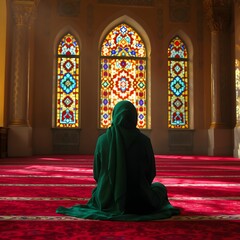 A woman in green hijab sits on red carpet in a mosque with stained glass windows
