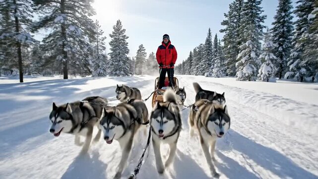 A person rides a dog sled through a snow-covered landscape with evergreen trees