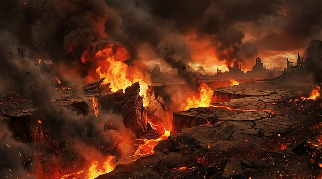 Hell engulfed in flames during armageddon scene concept. A dramatic scene of lava flows and volcanic eruptions in nature.