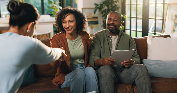 Consulting, handshake or meeting with African couple and financial advisor in home living room for agreement. Documents, thank you or welcome and mature people shaking hands with finance broker
