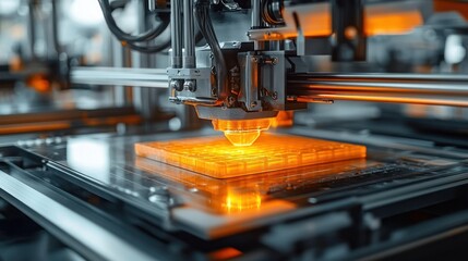 Fototapeta premium Close-up of an industrial 3D printer nozzle curing glowing orange resin on a build plate amid metal rails and precision mechanics, conveying focused high-tech innovation