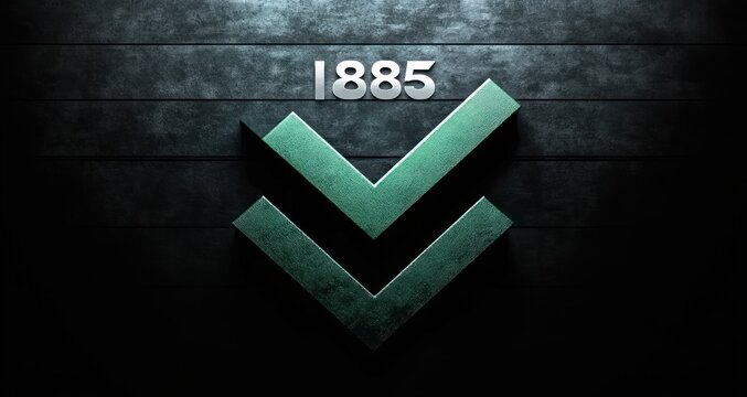 three-dimensional green double chevrons and silver numerals 1885 mounted on a textured dark metal wall with horizontal panels, dramatic lighting and a moody authoritative feel