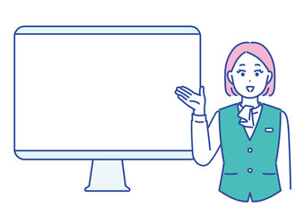 パソコンモニターを手のひらで差して案内するビジネス女性のイメージイラスト