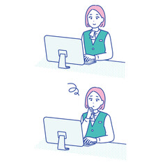 パソコン作業中に入力内容を確認して考える女性のイラストセット