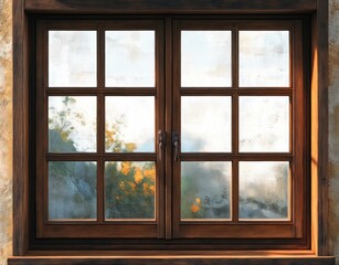 wooden casement window with frosted panes looking onto a blurred garden with orange flowers, warm sunlight and rustic wall, evoking a cozy serene mood