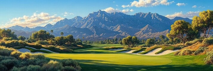 sunlit golf fairway with sand bunkers, desert shrubs, trees and distant rugged mountains under a blue sky, serene and inviting