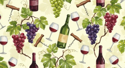 Naklejka premium Watercolor Wine Pattern with Grapes, Bottles, Corkscrews, and Wine Glasses