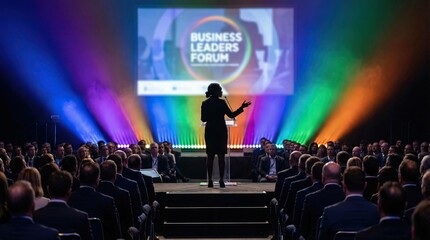 Silhouette of African American woman speaking at business dais concept. A dynamic business conference featuring engaging speakers on stage.