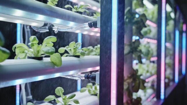Modern hydroponic farm with rows of leafy greens illuminated by pink and blue LED lighting