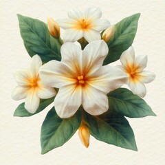 Fototapeta premium serene watercolor bouquet of white tropical flowers with yellow-orange centers, green leaves and closed buds