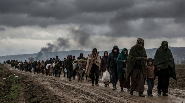 Refugee fleeing homeland in fear of harsh persecution concept. A group of people walking on a muddy road under a cloudy sky.