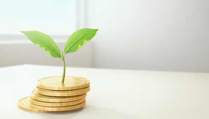 Plant growing from stack of gold coins symbolizes financial growth. Suitable for financial and investment concepts. Perfect for business presentations.