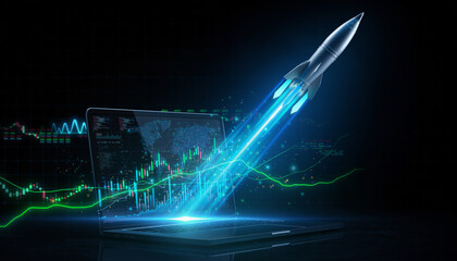 Rocket ship launching from laptop with stock market data, suitable for finance, technology, investing concepts in design projects.