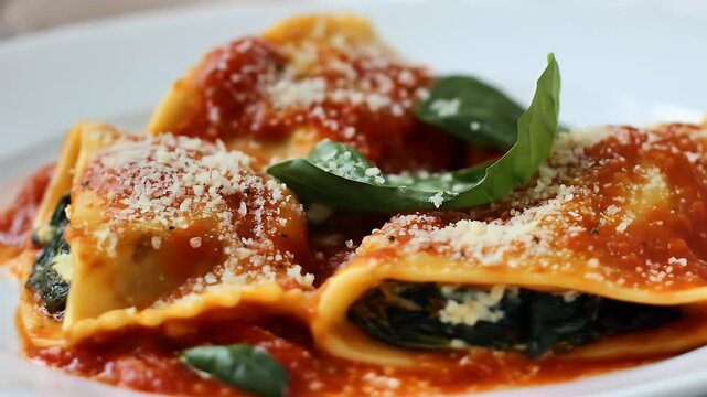 Filled pasta shells with tomato sauce, cheese and basil on a white plate