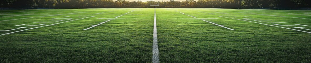 empty sunlit football field with crisp white yard lines, centered midline and distant goalposts beyond green grass, tree line horizon and a quiet calm morning glow