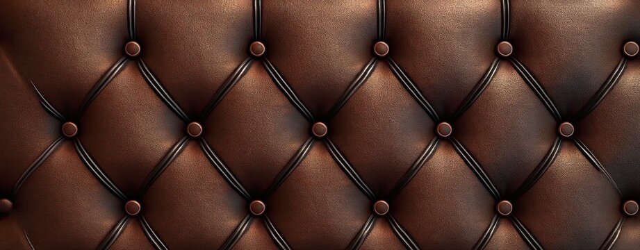close-up of brown tufted leather upholstery with round buttons and diamond stitching conveying warm, luxurious and cozy elegance
