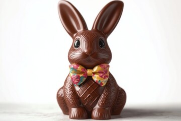 glossy milk chocolate rabbit with a colorful floral bow tie sitting upright, large expressive eyes and a cute whimsical expression on a clean white background