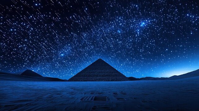 Pyramid Under Starlit Sky: A majestic pyramid stands beneath a breathtaking starlit sky, an awe-inspiring blend of ancient architecture and celestial beauty. 