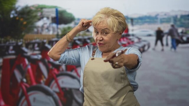 Woman points finger at camera and taps temple, apron visible beside a row of red rental bikes on street; confidence connection.