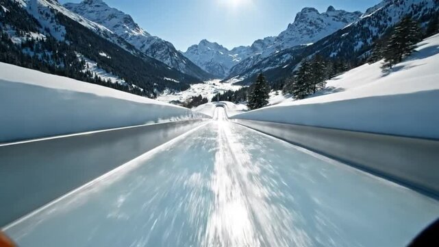 Frozen bobsleigh track in mountain valley