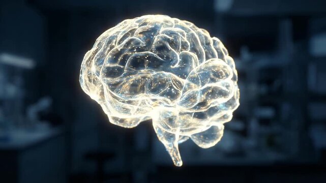 Memory improvement neural network glowing brain hologram illustrating glowing synapse lights and cognitive enhancement suggesting futuristic