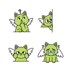 Crying cartoon angel cat with different emotions and expressions on white background