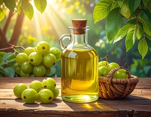 Glass bottle with oil, fruit, and wicker basket, outdoor setting