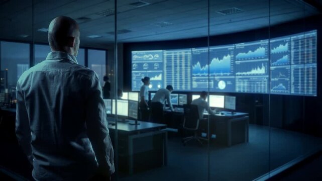 Operations Supervisor Oversees Team Working Under Blue Illumination With City In Background