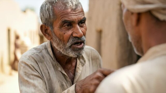 A close-up captures a man pointing sharply during a village argument, his expression tense and confrontational.