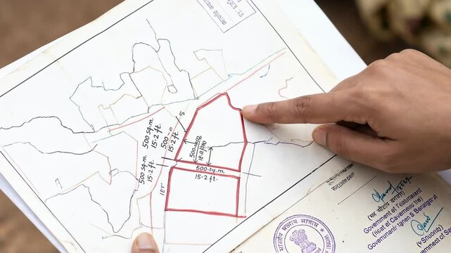 A close-up of an official land map shows detailed boundary markings, highlighting careful planning and property divisions.