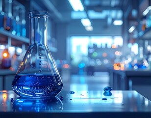 Glass flask with blue liquid sits on a lab table, bokeh background