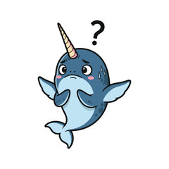 Sad cartoon narwhal with question mark above its head on white background