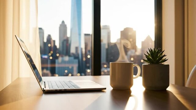 Coffee mug beside keyboard in morning light