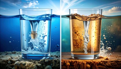 Glass of clean water compared to dirty water with swirling vortexes