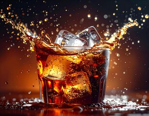 Glass of cola with ice cubes erupting in a dramatic splash