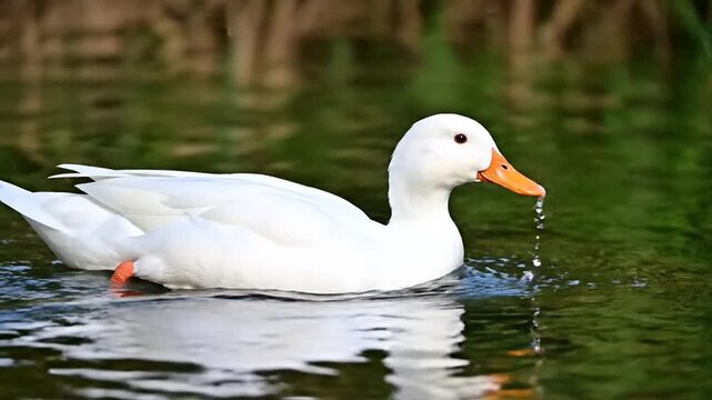 A serene white duck glides gently across tranquil water, its orange beak striking against its white feathers