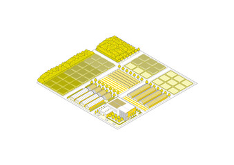 郊外の街並みのイラスト. アイソメ図で描いた都市.