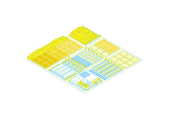 郊外の街並みのイラスト. アイソメ図で描いた都市.