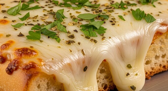 Irresistibly melted mozzarella cheese beautifully stretches over crispy golden-toasted garlic bread, generously garnished with fragrant green herbs, creating a delicious savory appetizer