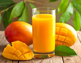 Glass of vibrant, orange juice with fresh mangoes and foliage
