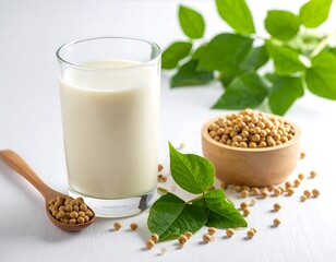 Glass of white beverage with soybeans and green leaves on a surface