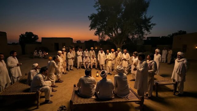 A night panchayat meeting takes place around the warm glow of lantern light, villagers and elders engaged in serious discussion.