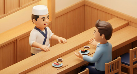 寿司屋のカウンターで客と談笑する板前