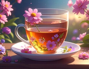 Glass teacup with flower, sitting on saucer in a lush garden