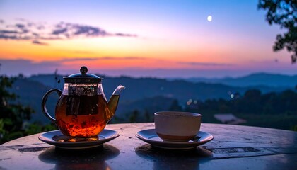 Glass teapot and cup on a table, sunset view