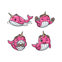 Cartoon narwhal characters with different facial expressions isolated on white background
