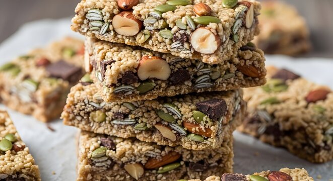 Deliciously crafted granola bars stacked high, showcasing a healthy blend of nuts, seeds, and chocolate chips for a satisfying snack