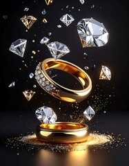 Gleaming gold ring with diamonds, surrounded by scattered gems