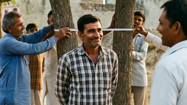 A tense village dispute unfolds as a man holds a stick, with villagers around him caught between conflict and resolution.