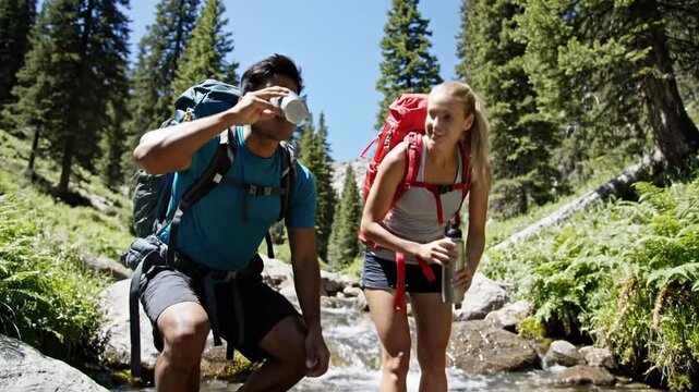 Two hikers refill water bottles in a mountain stream during a sunny day in the wilderness